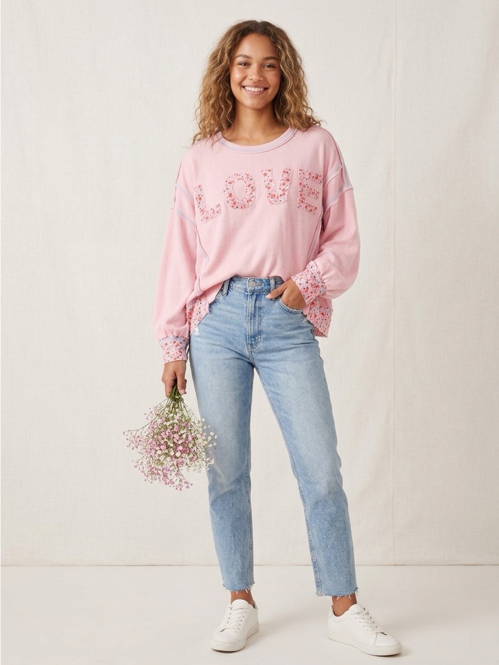 POL Pink Floral 'LOVE' Embroidered Girls Sweatshirt